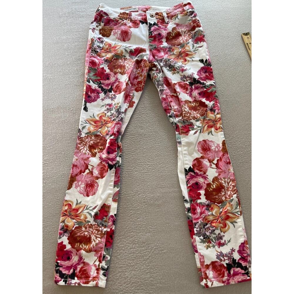 Anthropologie Pilcro Letterpress Jeans Womens Size 27 Red Floral Mid Rise Skinny